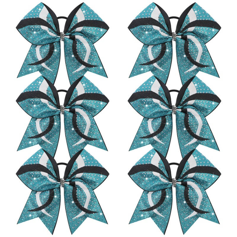 CEELGON 6PCS Full Glitter Rhinestone Cheer Bows Criss Cross Stiff Competition Large Cheerleading Hair Bows Elastic Band for Cheerleaders Girls -Teal/White/Black - Image 1