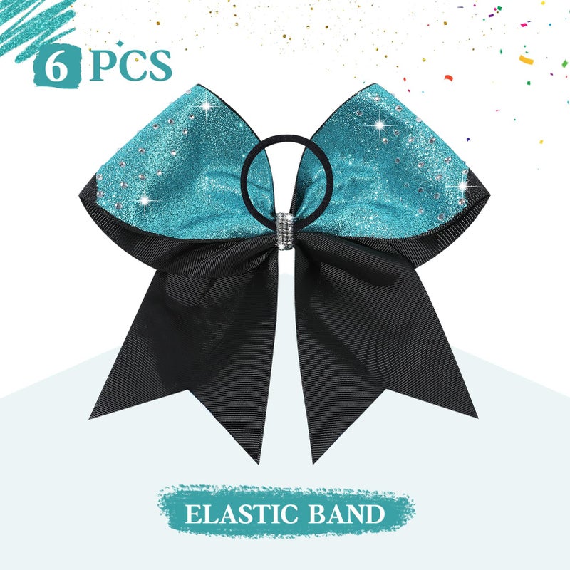 CEELGON 6PCS Full Glitter Rhinestone Cheer Bows Criss Cross Stiff Competition Large Cheerleading Hair Bows Elastic Band for Cheerleaders Girls -Teal/White/Black - Image 2
