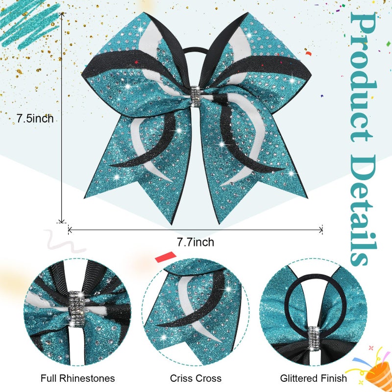 CEELGON 6PCS Full Glitter Rhinestone Cheer Bows Criss Cross Stiff Competition Large Cheerleading Hair Bows Elastic Band for Cheerleaders Girls -Teal/White/Black - Image 3