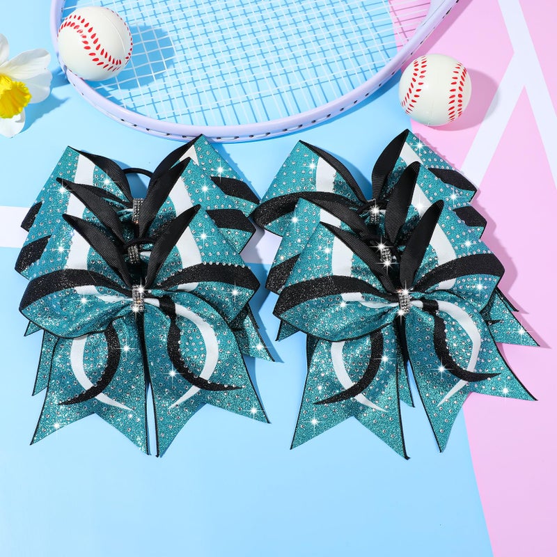CEELGON 6PCS Full Glitter Rhinestone Cheer Bows Criss Cross Stiff Competition Large Cheerleading Hair Bows Elastic Band for Cheerleaders Girls -Teal/White/Black - Image 5