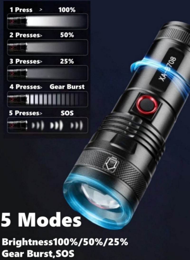 LED Rechargeable Flashlight with 5 Zoom Modes, Battery Percentage Display, Aluminum Alloy Material, Waterproof and Drop-resistant, Suitable for Home & Outdoor Use, Emergency Power Bank - Image 3