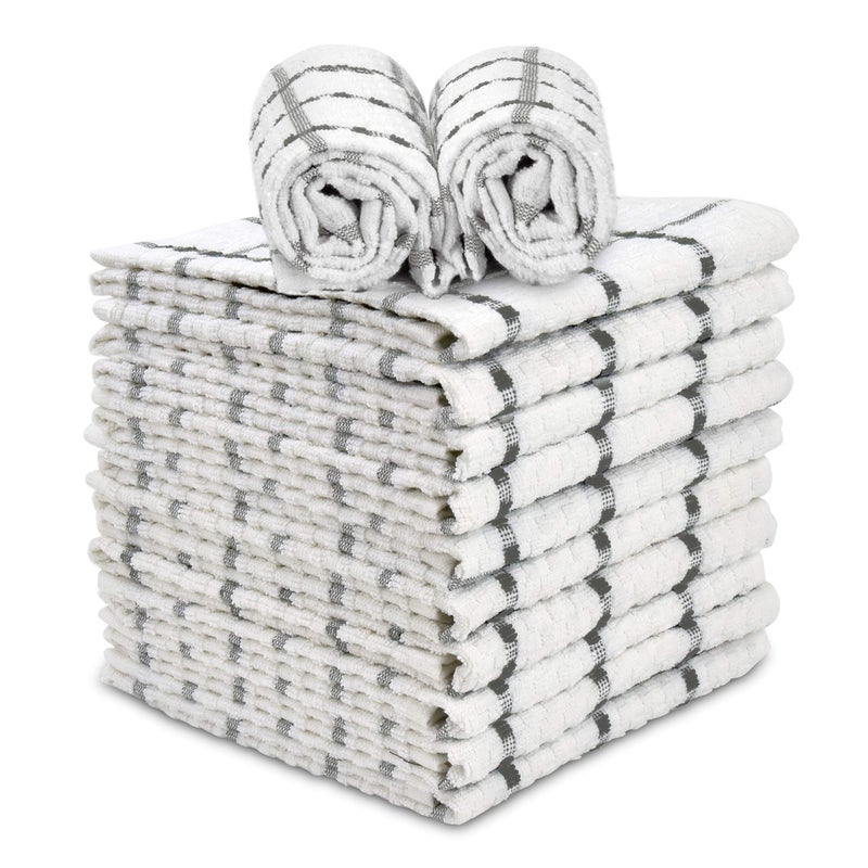 TALVANIA Kitchen Dish Towels Grey  White 100 Cotton Dish Cloths Dobby Weave 12 Pack Gray Soft and Absorbent Terry Towel Set Hand Towel and All Kitchen Cleaning 15 X 25 Machine Washable