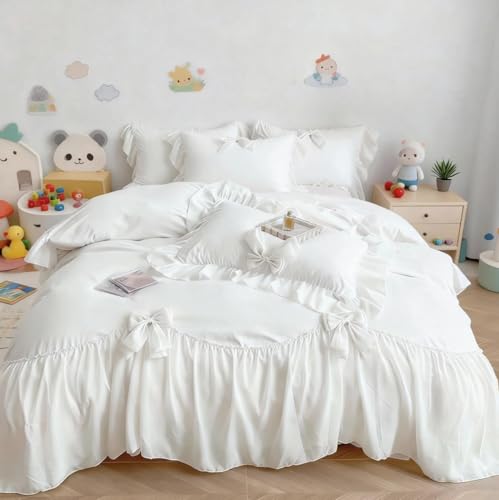 IHOUSTRIY Duvet Cover Twin Size, Ruffle Beddding Set with Bowtie, 2 Pieces Comforter Cover Set with Zipper Closure, Girl Princess Bedding with Pillowcase - White, Twin - Image 5