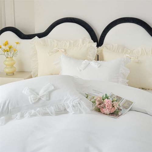 IHOUSTRIY Duvet Cover Twin Size, Ruffle Beddding Set with Bowtie, 2 Pieces Comforter Cover Set with Zipper Closure, Girl Princess Bedding with Pillowcase - White, Twin - Image 2