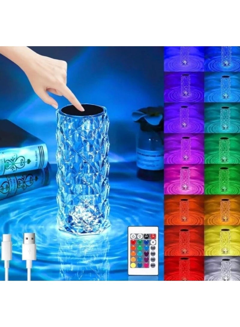 مصباح طاولة كريستال ماسي 16 لون متغير بالوان RGB يعمل باللمس ، سرير جانبي بضوء ليلي USB رومانسي روز اكريليك ثلاثي الابعاد مع جهاز تحكم عن بعد لعيد الام وعيد الحب، شفاف  - Image 1
