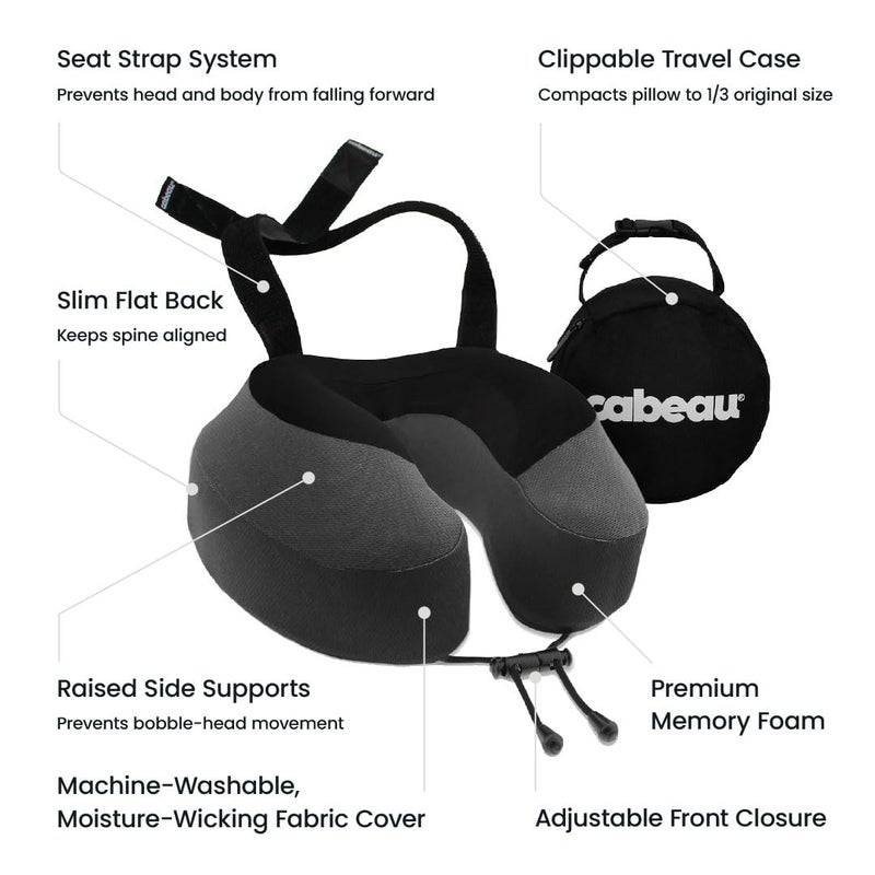 Cabeau وسادة سفر طائرة كابو للرحلات الطويلة - إيفولوشن S3 - رغوة الذاكرة الداعمة مع أحزمة المقعد لتأمين رأسك ورقبتك وتوفير دعم 360° (رمادي فولاذي) - Image 3