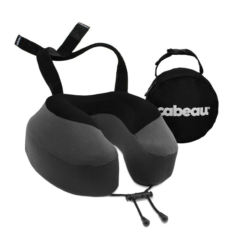 Cabeau وسادة سفر طائرة كابو للرحلات الطويلة - إيفولوشن S3 - رغوة الذاكرة الداعمة مع أحزمة المقعد لتأمين رأسك ورقبتك وتوفير دعم 360° (رمادي فولاذي) - Image 1