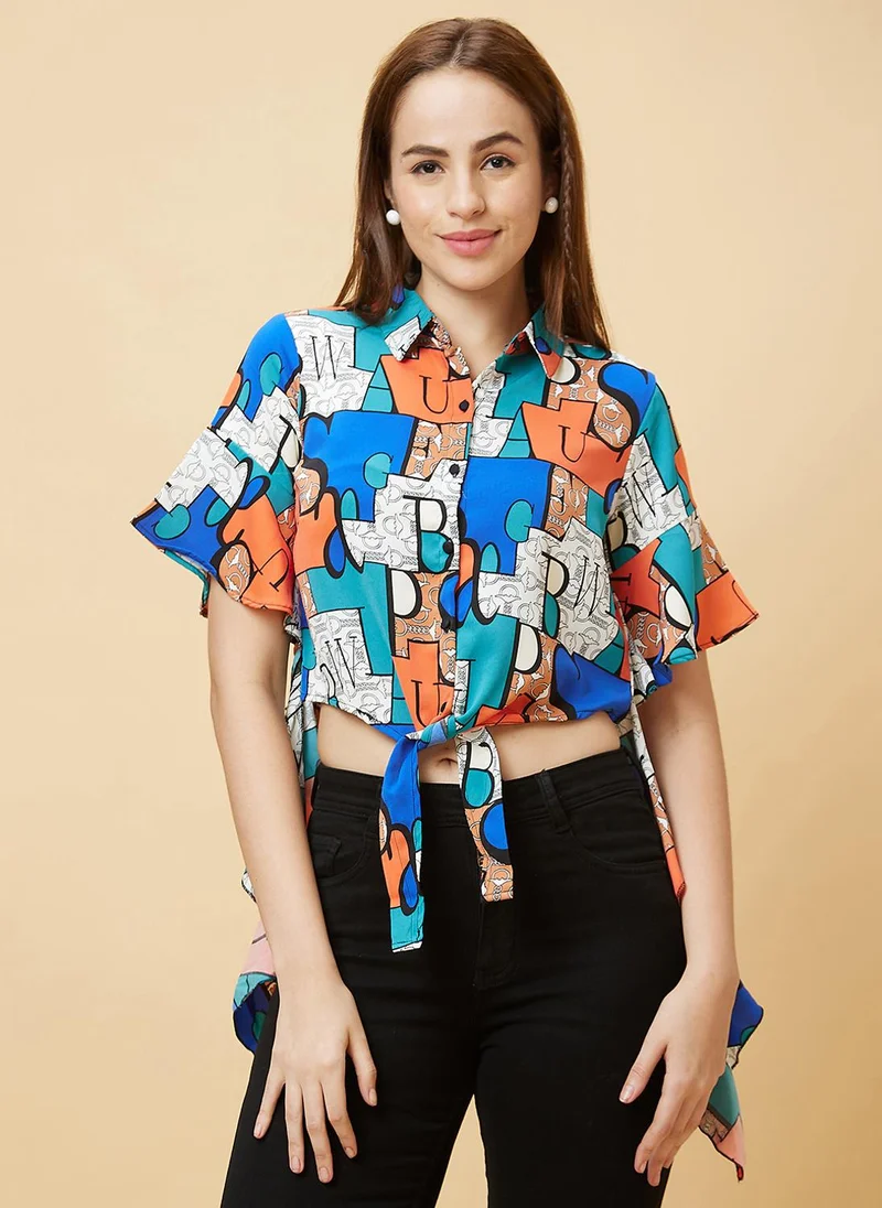 globus Globus Women Blue Abstract Printed Waist Tie-Ups Shirt Style Top