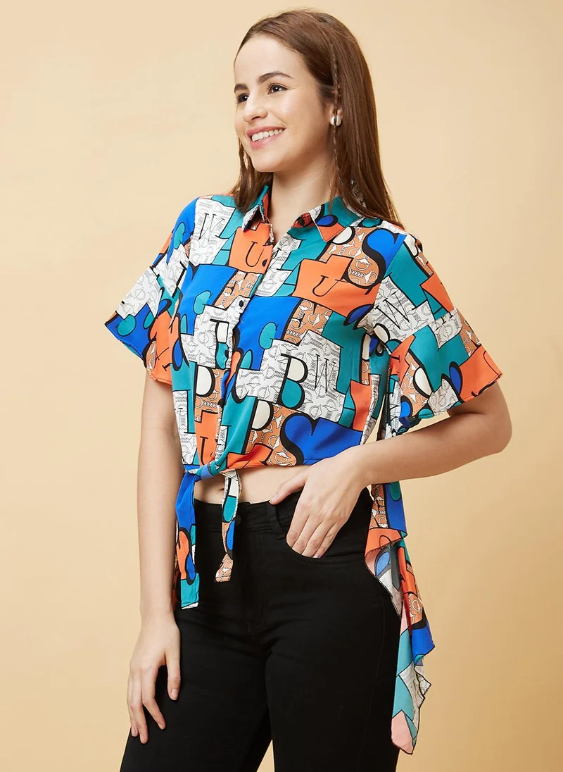 globus Globus Women Blue Abstract Printed Waist Tie-Ups Shirt Style Top