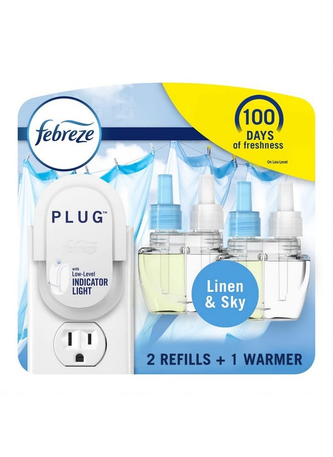 febreze Febreze Plug In Air Freshener, Odor-Fighting Scented Oil Starter Kit, Air Fresheners for Home and Bathroom and Kitchen, Long Lasting for Strong Odors, Linen & Sky Scent, Warmer + 2 Refill  - Image 1