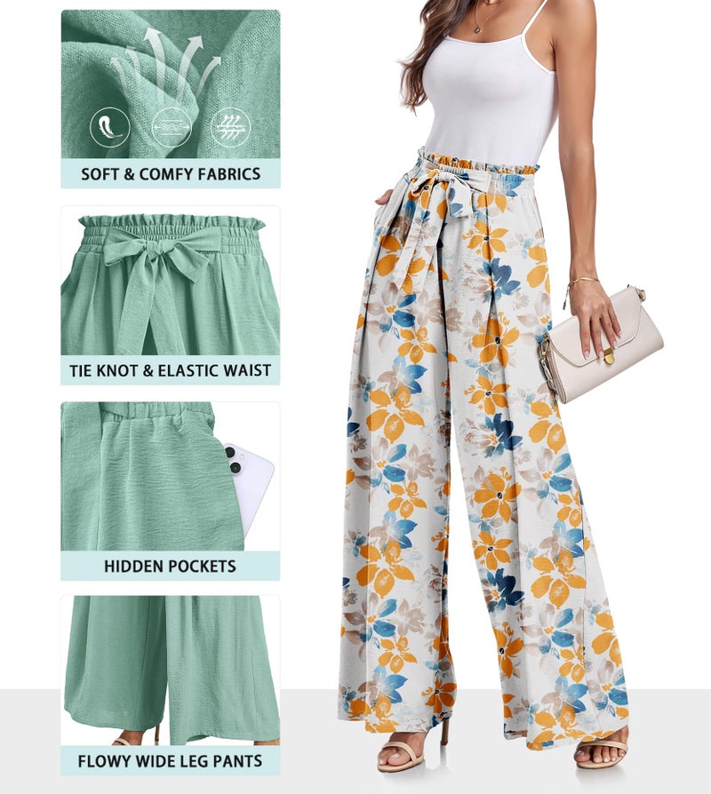 Lepunuo Womens High Waist Wide Leg Pants Elastic Waist Flowy Palazzo Lounge Pants Loose Trousers with Pockets - Image 3