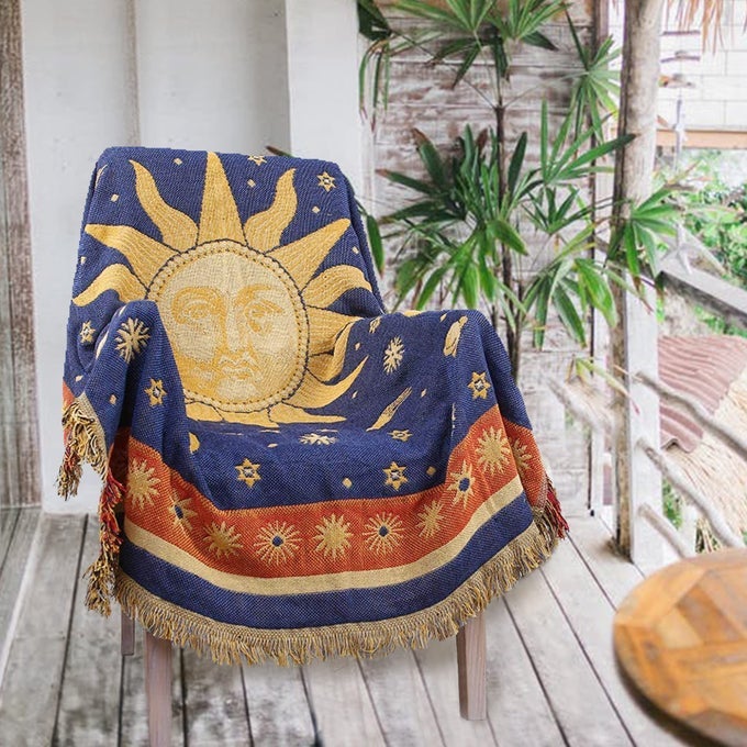 HIPPIE THROW BLANKET SUN MOON STARS BOHO THROW BLANKETS CELESTIAL TAPESTRY DOUBLESIDED REVERSIBLE WOVEN COTTON HOME DECOR BEDDING CHAIR COUCH RECLINER COVER OVERSIZED TASSELS ASTROLOGY 50X70