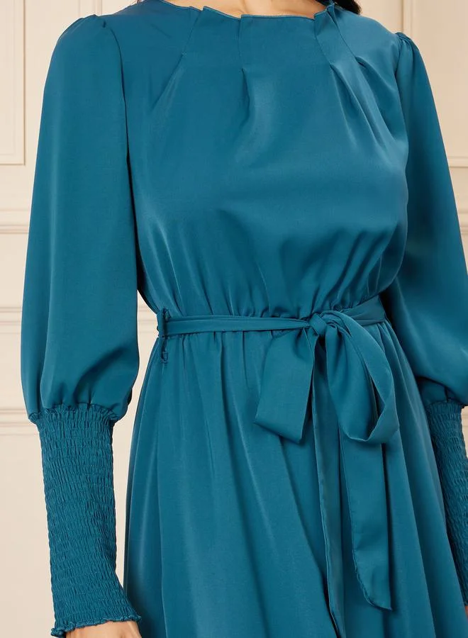 Styli Smocked Cuff Sleeves Self Tie Up A-Line Midi Dress