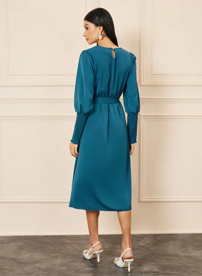 Styli Smocked Cuff Sleeves Self Tie Up A-Line Midi Dress