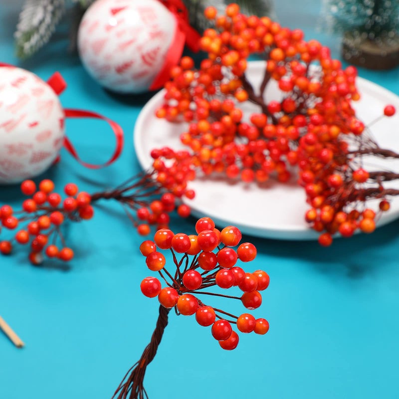 BBTO توت هولي الاصطناعي من بي بي تي أو على سيقان سلكية 250 ساق مع 500 قطعة توت مزيف بقطر 8 مم لتزيين شجرة عيد الميلاد واستخدامات الحرف اليدوية وهدية حفلات الزفاف (أصفر أحمر) - Image 5
