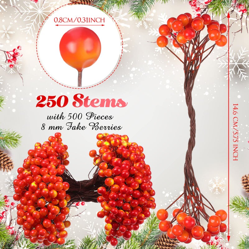 BBTO توت هولي الاصطناعي من بي بي تي أو على سيقان سلكية 250 ساق مع 500 قطعة توت مزيف بقطر 8 مم لتزيين شجرة عيد الميلاد واستخدامات الحرف اليدوية وهدية حفلات الزفاف (أصفر أحمر) - Image 2