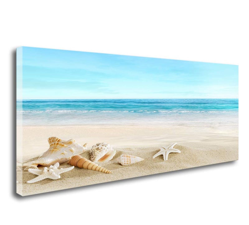 DZL Art S73950 Beach Picture Decor Ocean Painting Canvas Wall Art Prints of Starfish and Seashell on Sandy Seaside Ready to Hang for Living Room Bedroom Office Wall Decor Home Decoration - Image 1