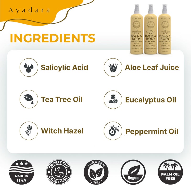 AYADARA Acne Body Spray with 2% Salicylic Acid, Back & Body Acne, Cystic Back Acne Spray Chest, Butt and Body Acne for Hormonal, Bacne for Teens Adults, 3-Pack - Image 5