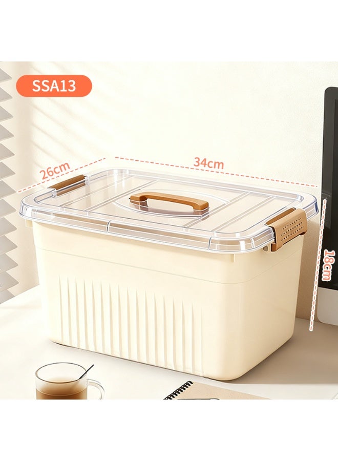 Desktop storage box for snacks and miscellaneous items, portable with lid, plastic home storage basket for fruits and clothing organization.