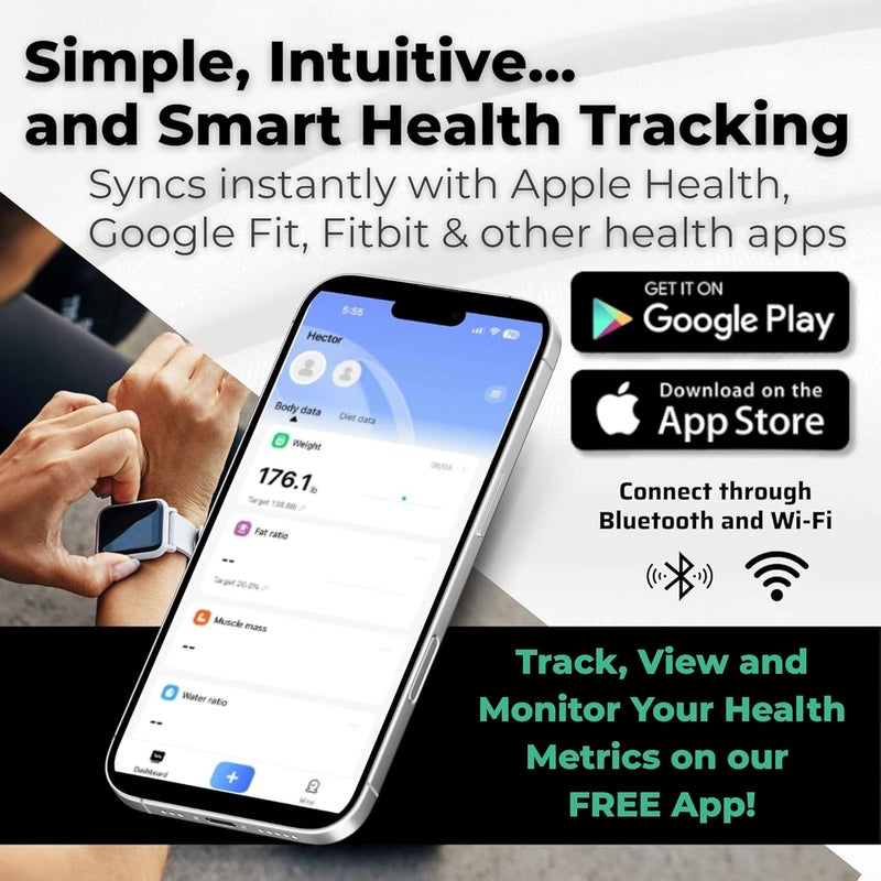Dear Household ميزان الجسم الذكي الرقمي المتميز قابل للتأهيل من FSA أو HSA 8 أقطاب 56 مقياس قابل للشحن WiFi بلوتوث تحليل كامل للجسم تتبع نسبة الدهون والكتلة العضلية ونسبة الدهون تصميم أنيق - Image 4