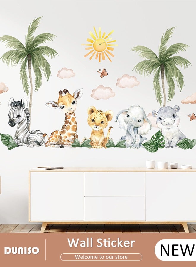 DUNISO Cartoon Animal Door Sticker, Elephant and Zebra Wall Decals Green Plants Wall Stickers Removable Kids Room Wall Decals for Kids Baby Nursery Kindergarten Toddler Boys Girls Bedroom Wall Decor - Image 1