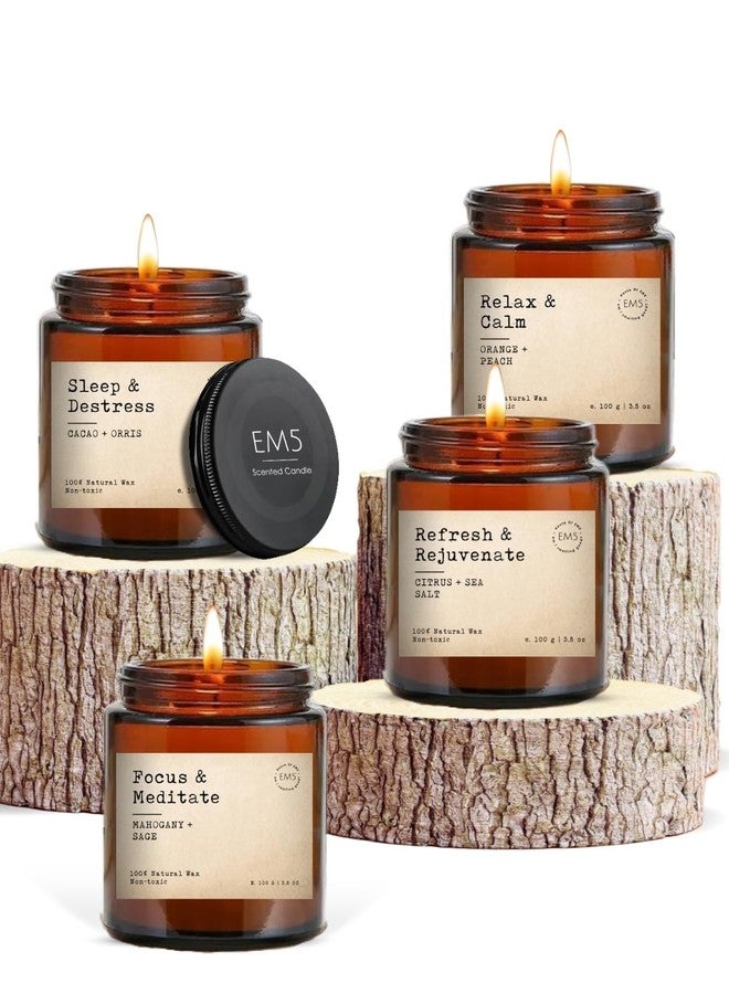 EM5 Aromatherapy Scented Candles Set of 4 | Sleep/Destress - Focus/Meditate - Relax/Calm - Refresh/Rejuvenate | 100g Each, 30Hrs Burn Time | 100% Natural Wax | Non-Toxic, Clean Burning Candles - Image 1