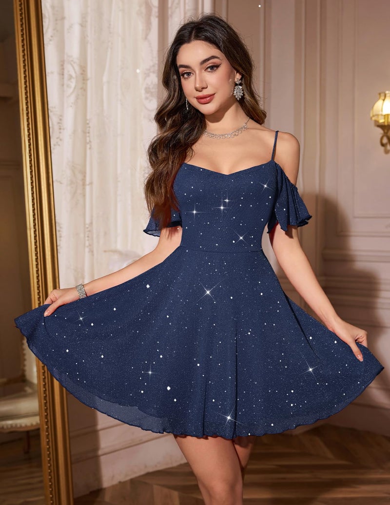 Meetjen Womens Cocktail Dresses Wedding Guest Glitter Fancy Prom Party Swing Spaghetti Straps Short Bridesmaid Homecoming Dress Navy L - Image 2