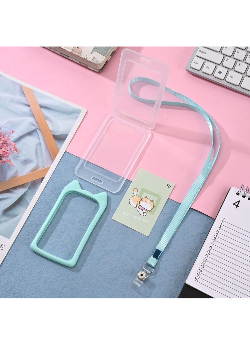SYOSI SYOSI 4 Pcs Cat Ear Shape ID Badge Holder with Detachable Lanyard, Cartoon Animal Shape Silicone Card Protective Cover, Waterproof Clear Card Holder for Nurse Doctor Teacher student Office Supplies  - Image 2
