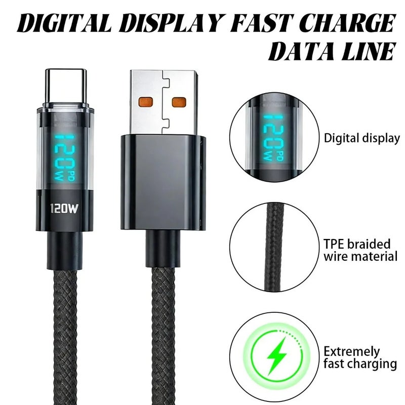 120W Nylon Braided TypeC Data Cord Fast Charging Charger Type-C To USB Cable for Samsung Huawei Mi Laptop 1/1.5/2M Display Cable - Image 2
