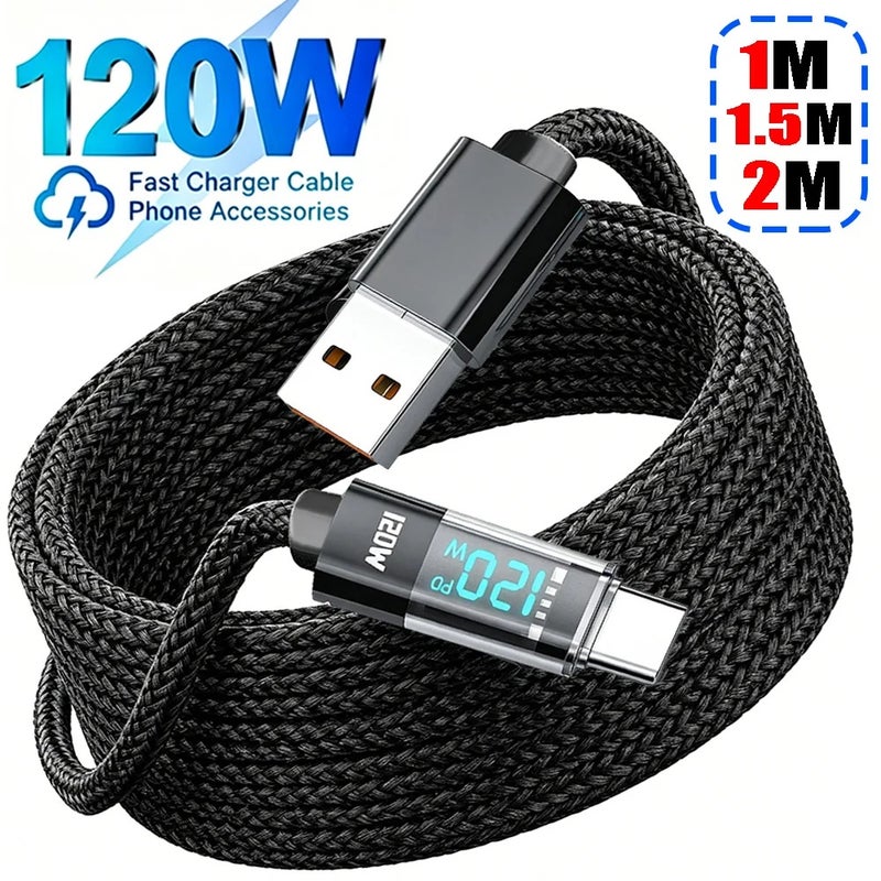 120W Nylon Braided TypeC Data Cord Fast Charging Charger Type-C To USB Cable for Samsung Huawei Mi Laptop 1/1.5/2M Display Cable - Image 1