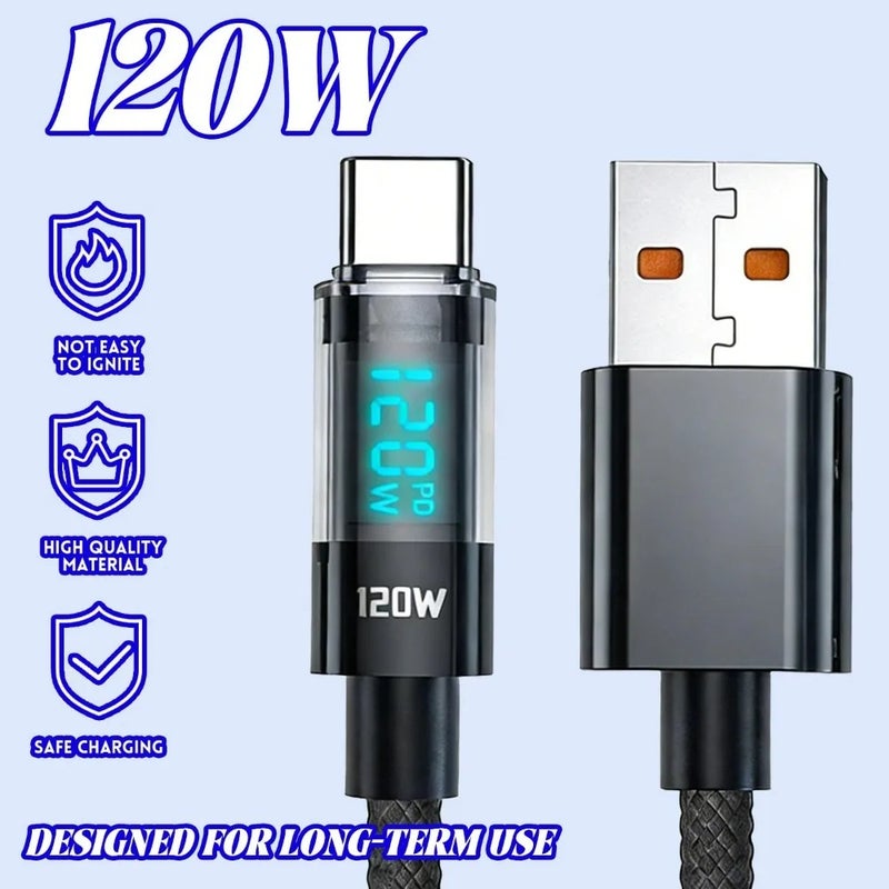 120W Nylon Braided TypeC Data Cord Fast Charging Charger Type-C To USB Cable for Samsung Huawei Mi Laptop 1/1.5/2M Display Cable - Image 4