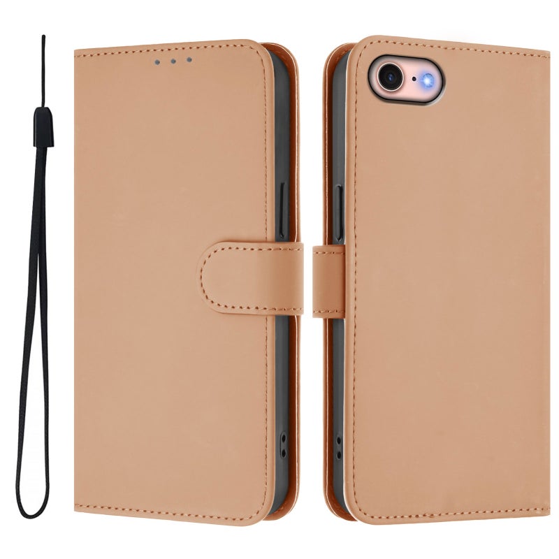 HuHa Protective Cover For iPhone SE 2022 / 2020 Skin Feel Solid Color Leather Phone Case with Lanyard(Nude) - Image 2