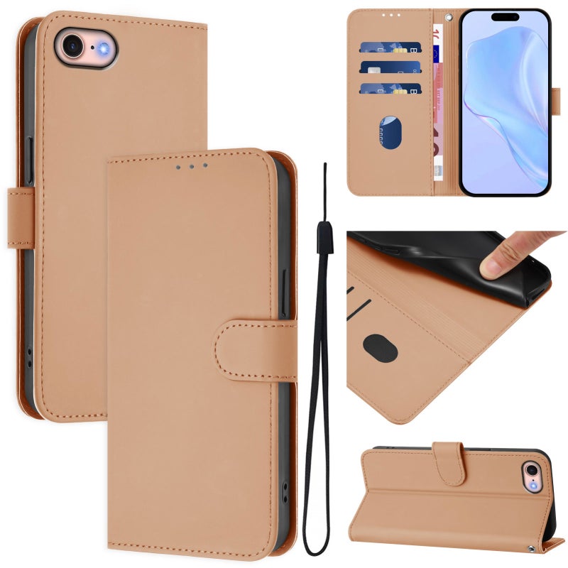 HuHa Protective Cover For iPhone SE 2022 / 2020 Skin Feel Solid Color Leather Phone Case with Lanyard(Nude) - Image 1