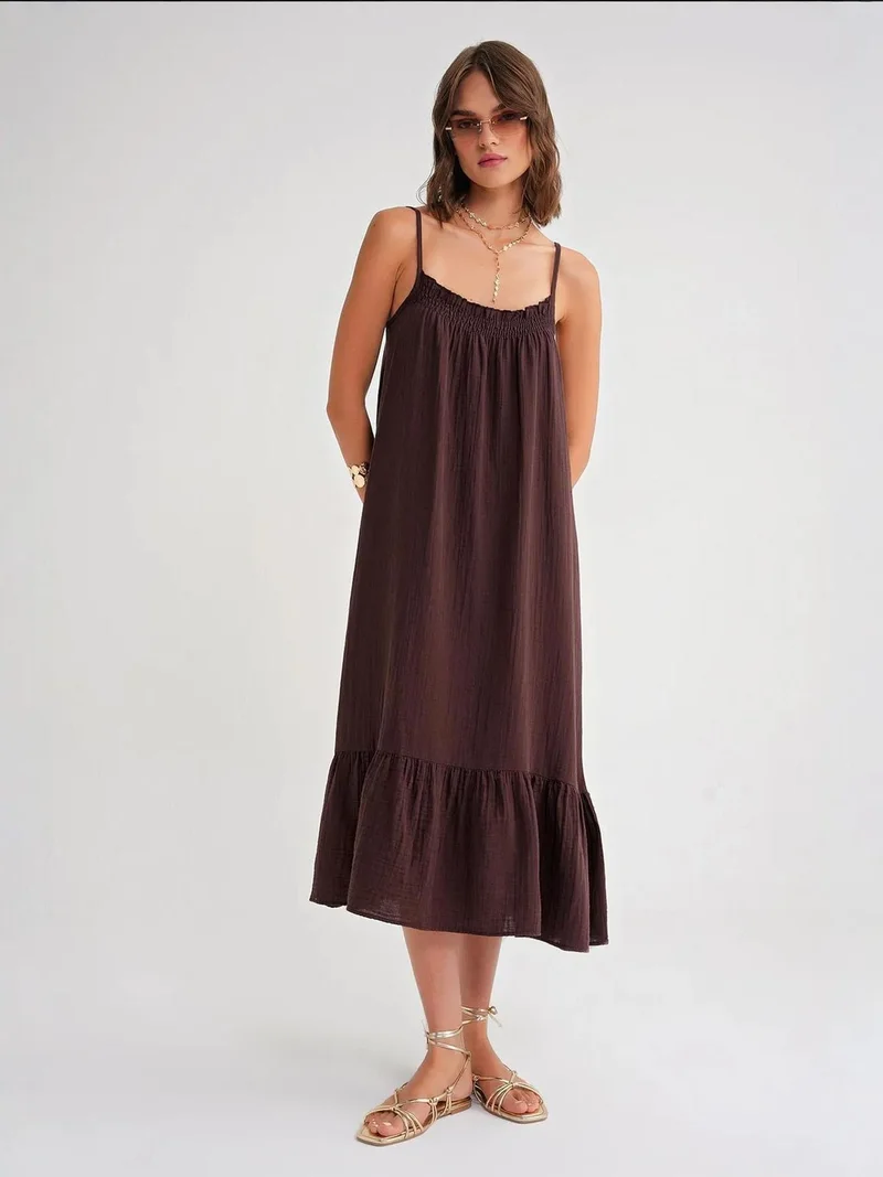 MixRay Coffee Brown Mixray Midi Muslin Dress with Ruffle Detail for Women | Best Price UAE