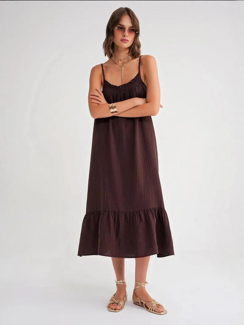 MixRay Coffee Brown Mixray Midi Muslin Dress with Ruffle Detail for Women | Best Price UAE