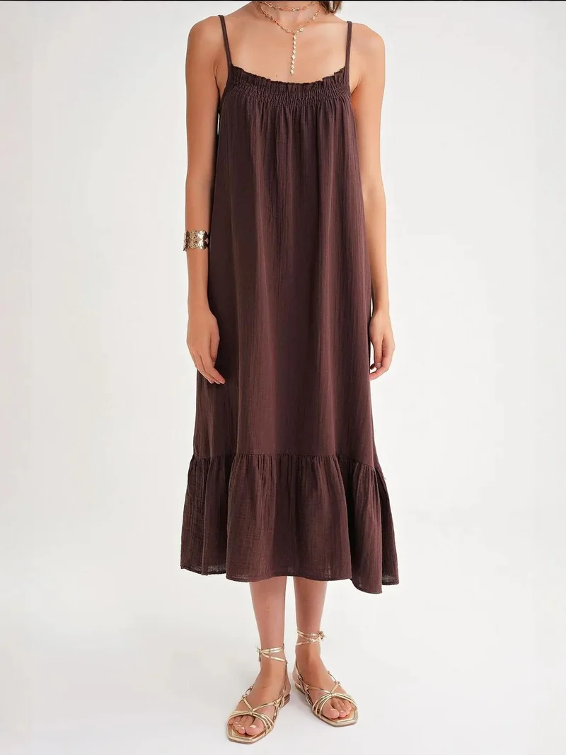 MixRay Coffee Brown Mixray Midi Muslin Dress with Ruffle Detail for Women | Best Price UAE