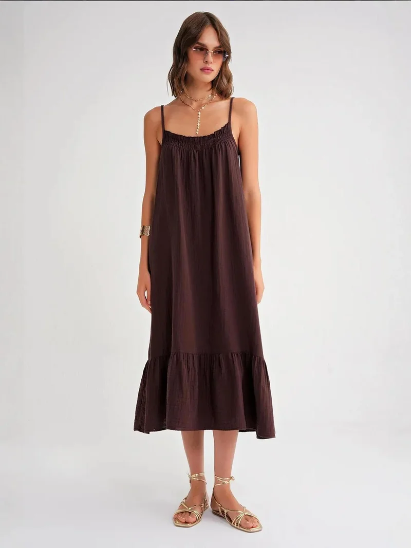 MixRay Mixray Midi Muslin Dress with Ruffle Detail