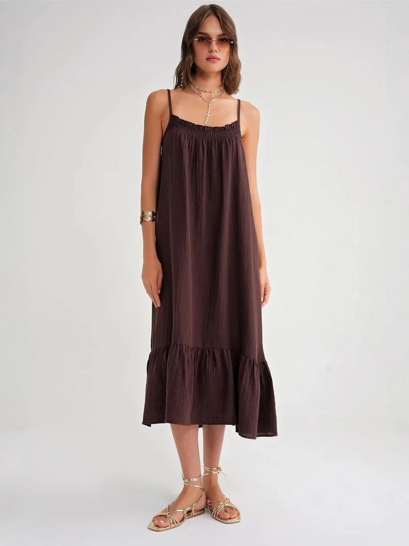 MixRay Mixray Midi Muslin Dress with Ruffle Detail