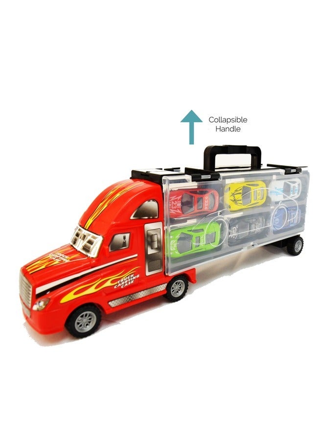 Toy Box Transport Carrier Truck Toy Car with 6 Die-cast Vehicles Friction Powered Racing Car  - Image 2