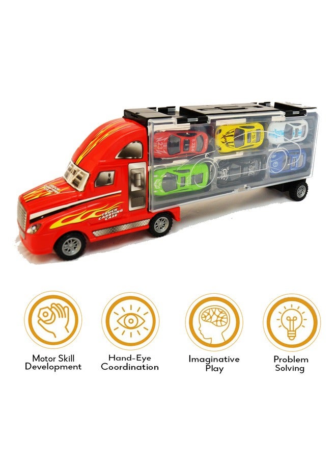 Toy Box Transport Carrier Truck Toy Car with 6 Die-cast Vehicles Friction Powered Racing Car  - Image 4