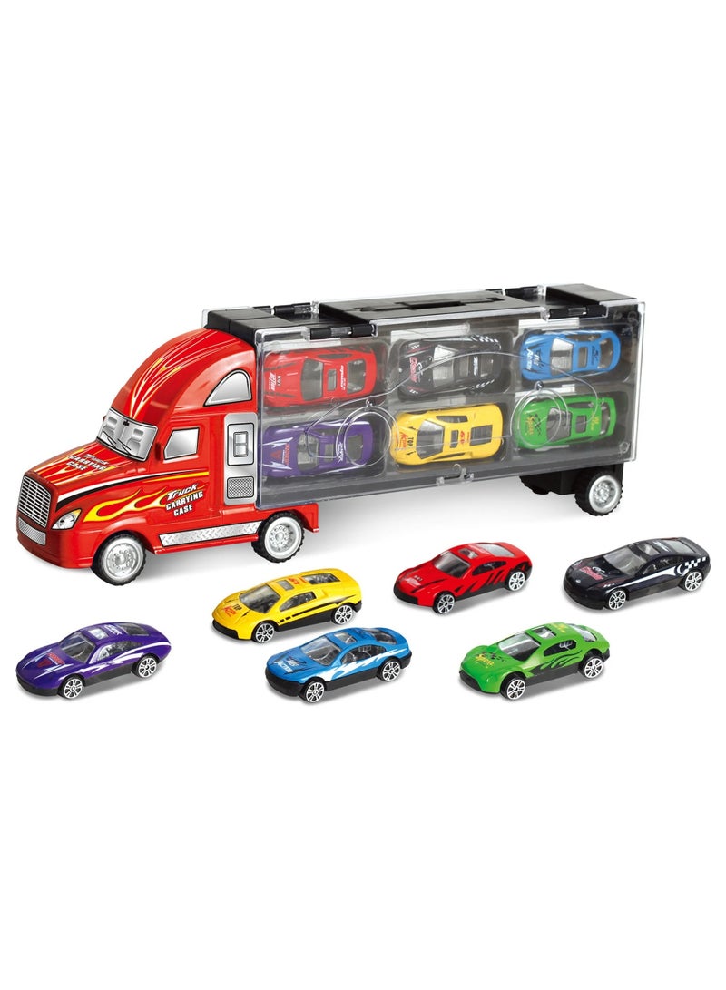 Toy Box Transport Carrier Truck Toy Car with 6 Die-cast Vehicles Friction Powered Racing Car  - Image 1