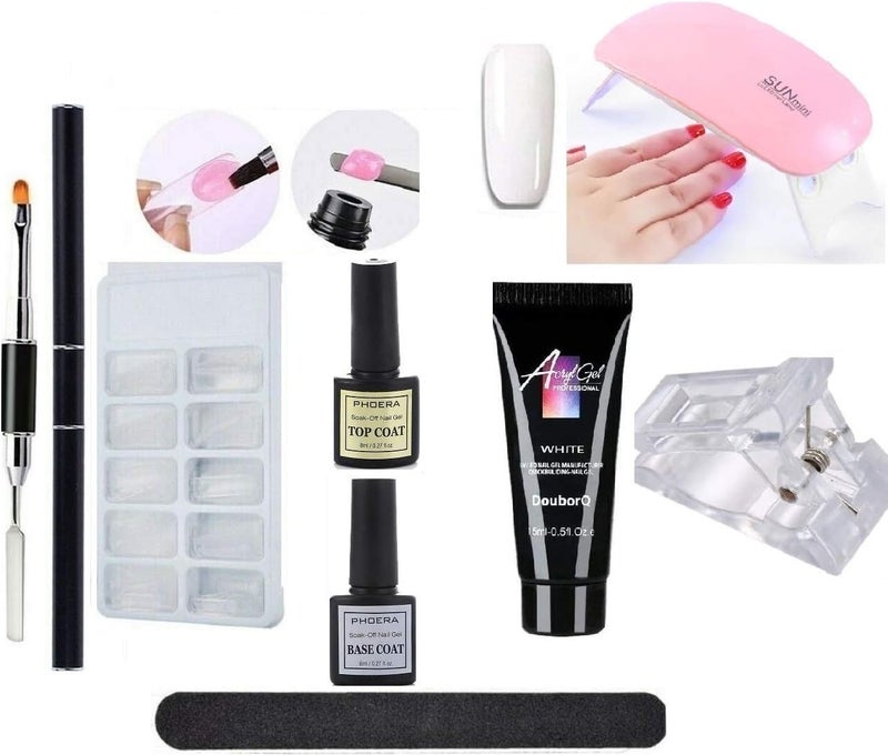 Poly Nail Gel Complete Kit Nail Builder Acryl Gel Nail Polish Polygel 15ml Nail Tips Extension Gel Style Mix UVLED Lamp DIY Nail Art Lady Spatula Base Top Coat 10 Pcs Kit 001 WHITE