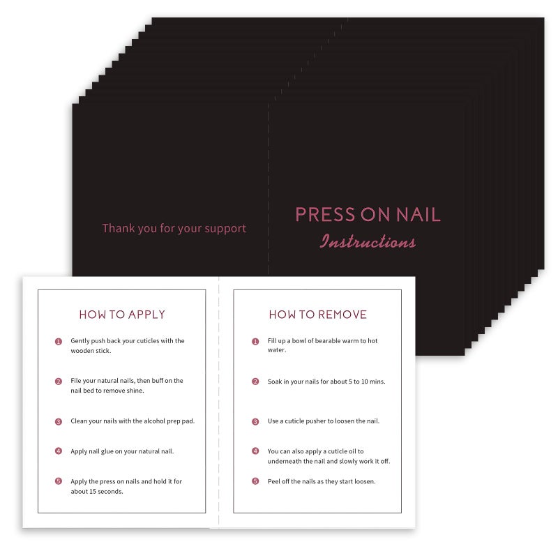 Bebbtiy 50 Pack Press on Nail Instructions Cards, Bebbtiy Press on Nail Application Guides Nail Aftercare Manicure Usage Business Supplies Card (Black-1) - Image 1