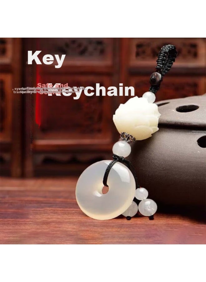 Dijialun White Jade Keychain With Bodhi Lotus Flower Pendant For Car Key, Women's Hanging Pendant Birthday Gift