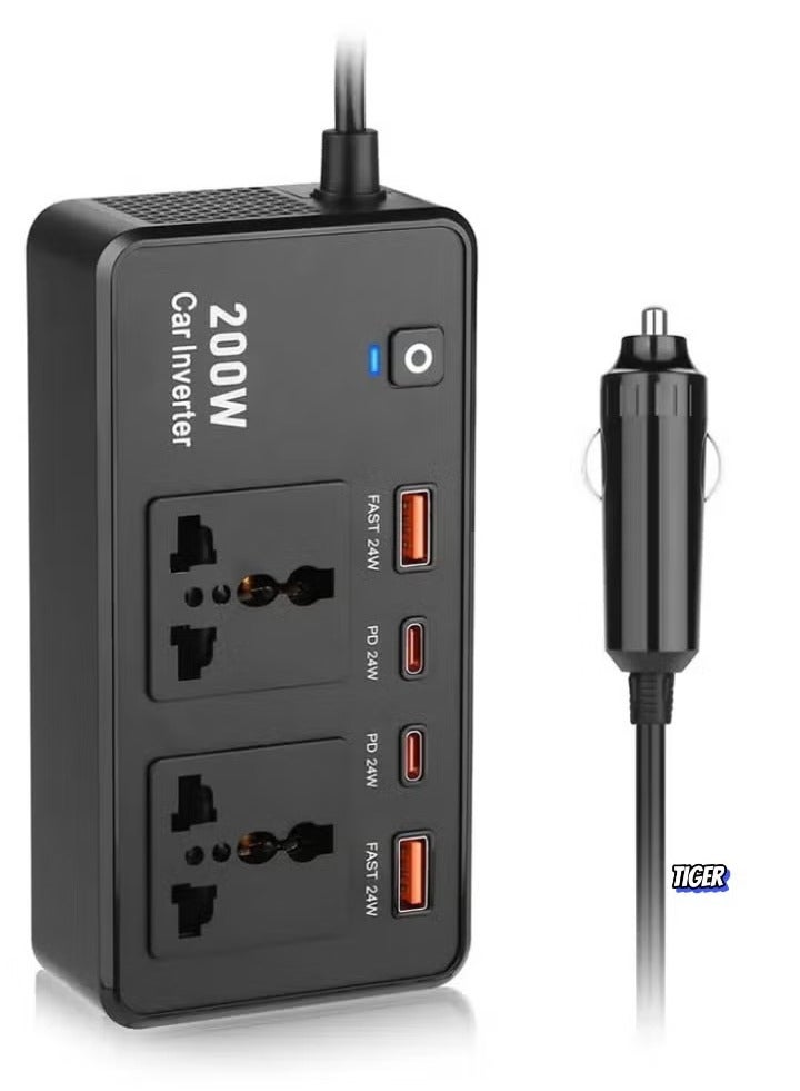 TIGER 200W Car Inverter 12V DC to 220V AC Power Adapter with 2 USB-A and 2 Type-C Ports for Laptop, Smartphone, Tablet, and Other Devices – Compact, Efficient, and Portable Car Charger  - Image 1