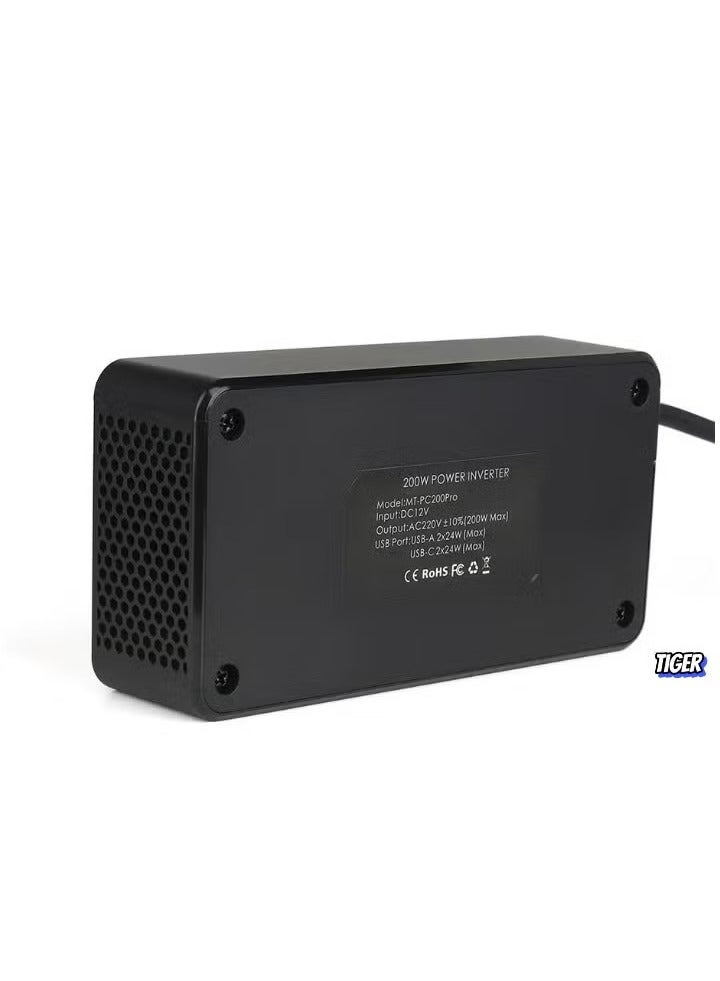 TIGER 200W Car Inverter 12V DC to 220V AC Power Adapter with 2 USB-A and 2 Type-C Ports for Laptop, Smartphone, Tablet, and Other Devices – Compact, Efficient, and Portable Car Charger  - Image 2