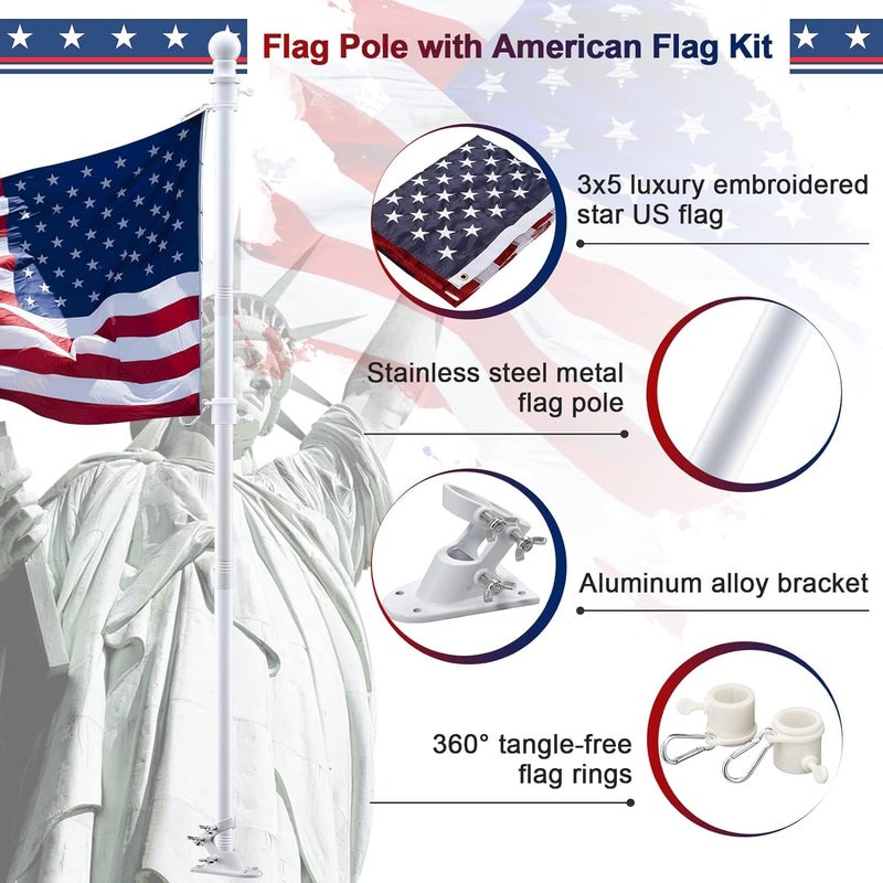 LAKEROD Flag Pole Kit with 3x5 American Flag - Includes 5ft Heavy Duty Tangle Free Flagpole,Embroidered 3X5 US Flag,Aluminum Mount Holder Bracket,Metal Flagpoles for Outside House,Porch,Outdoor - White - Image 2