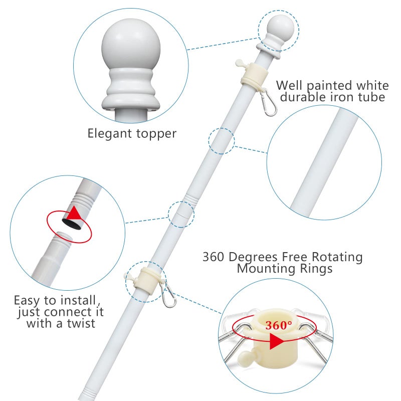 LAKEROD Flag Pole Kit with 3x5 American Flag - Includes 5ft Heavy Duty Tangle Free Flagpole,Embroidered 3X5 US Flag,Aluminum Mount Holder Bracket,Metal Flagpoles for Outside House,Porch,Outdoor - White - Image 3