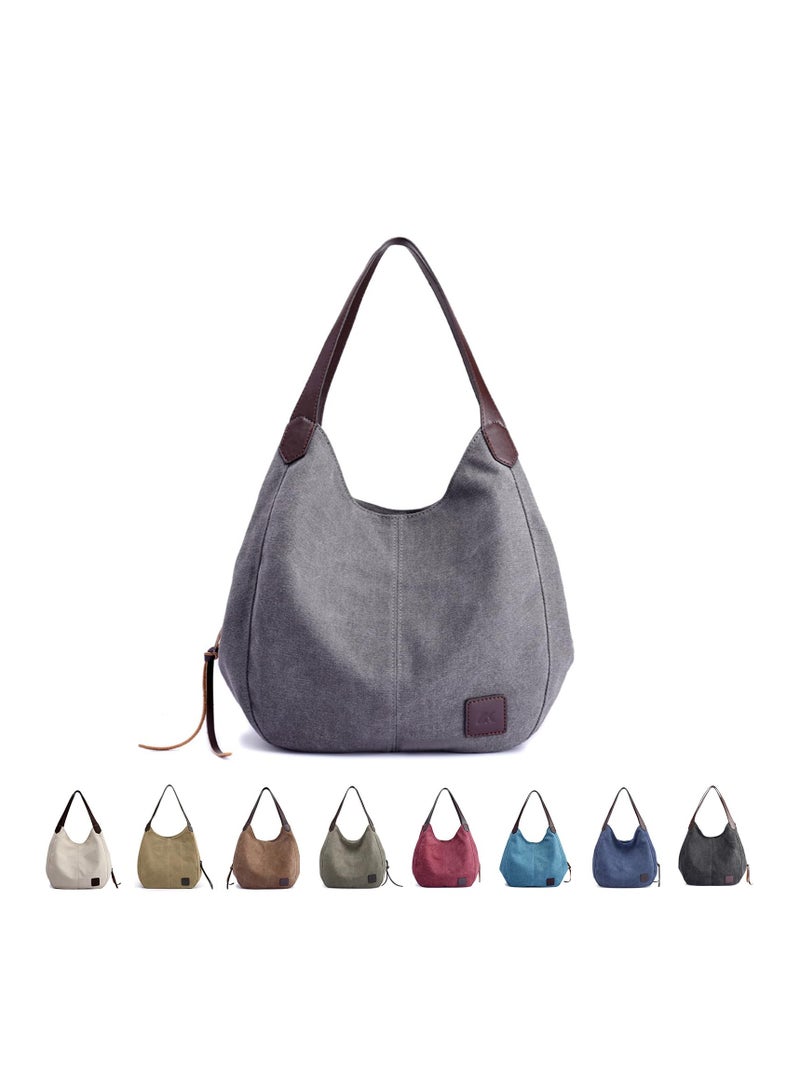 SOLARAE Hobo Canvas Tote Shoulder Bag for Women, Women Casual Shoulder Bag, Vintage Multiple Pockets Handbags, Fashion Cotton Canvas Casual Handbag, Satchel Bag for Shopping Hiking Travel and Work - Image 1