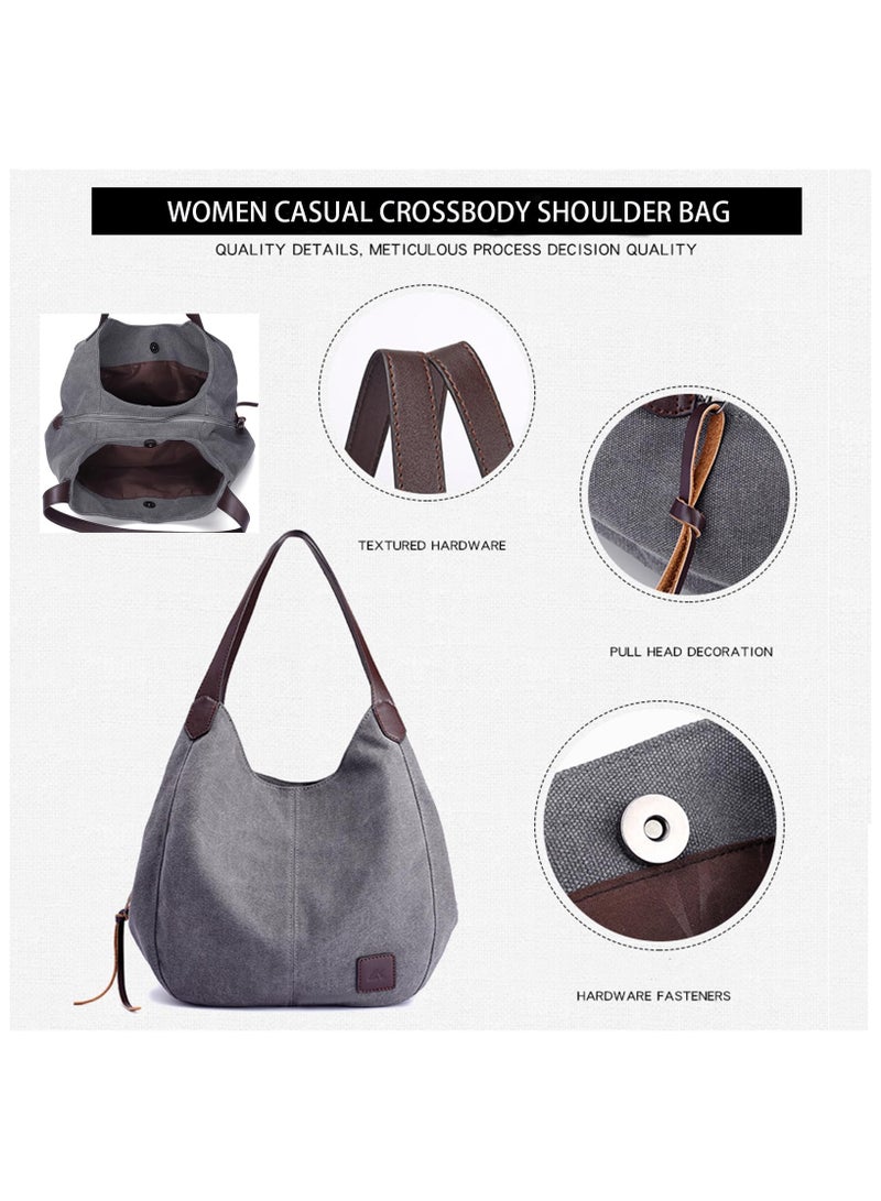 SOLARAE Hobo Canvas Tote Shoulder Bag for Women, Women Casual Shoulder Bag, Vintage Multiple Pockets Handbags, Fashion Cotton Canvas Casual Handbag, Satchel Bag for Shopping Hiking Travel and Work - Image 3